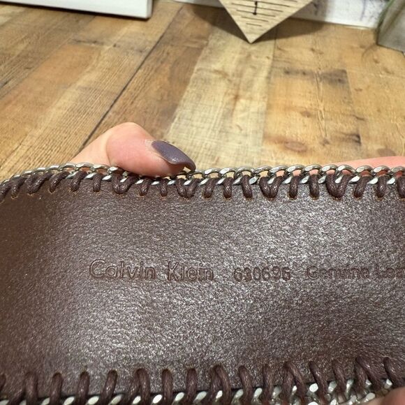 Calvin Klein Brown Leather Asymmetrical Wide Chain Trim Belt Size Large - Picture 7 of 11